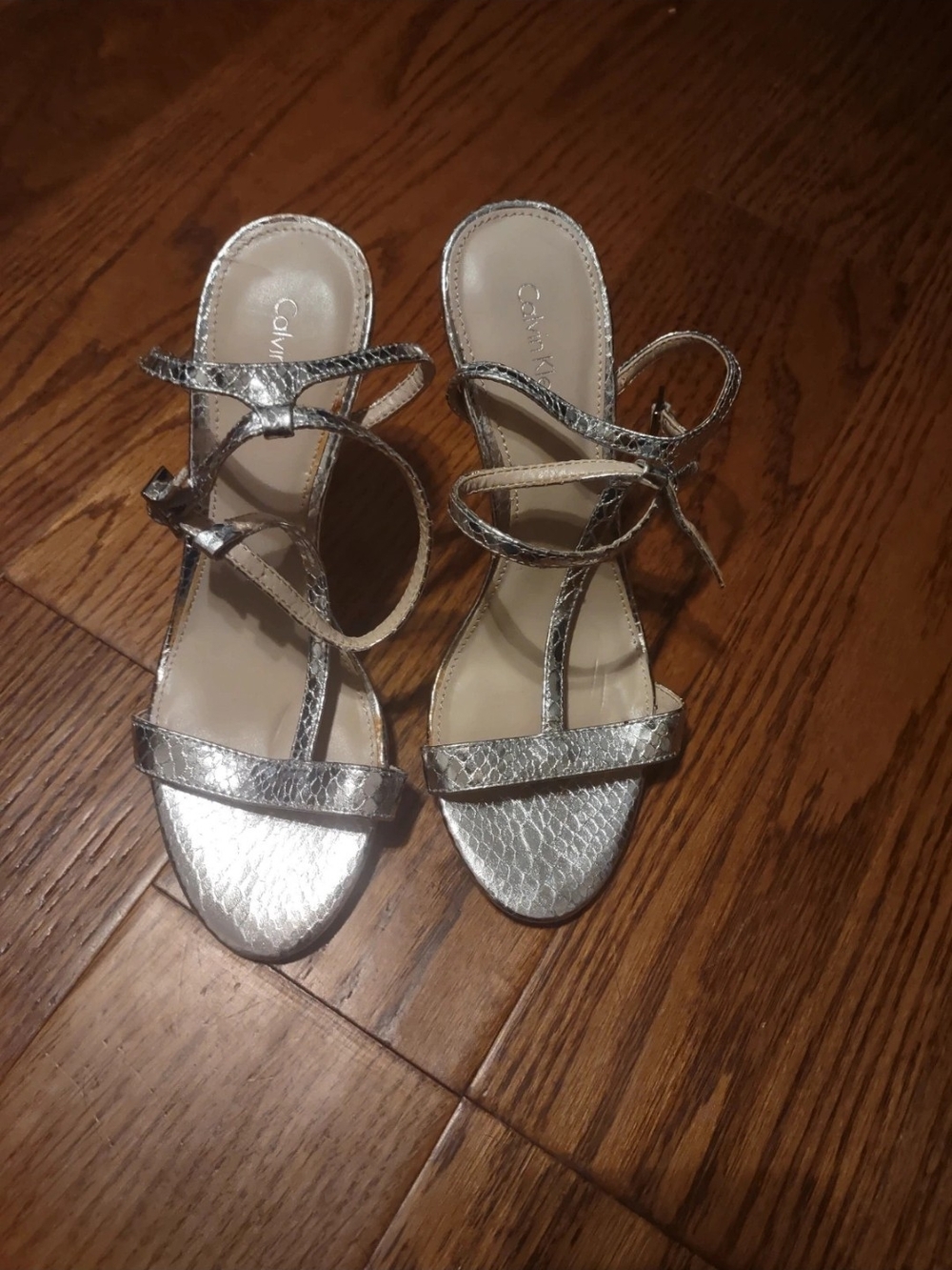 Calvin Klein Metallic Silver Strappy Heeled Sandals